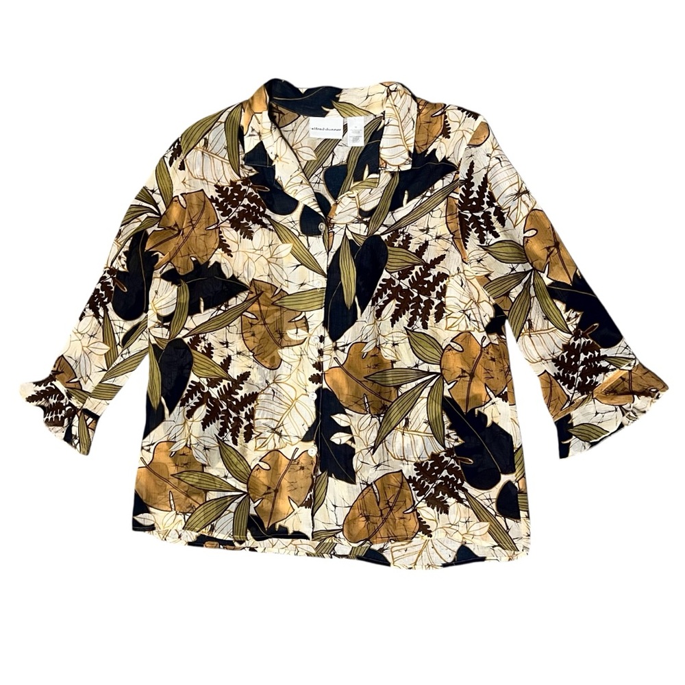Alfred Dunner Leaf Print Yellow Green Blue Cream Button Up Blouse Plus Size 16